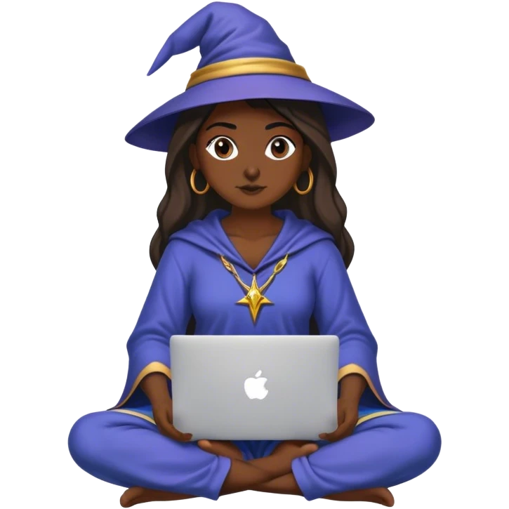 Female dark skinned Wizard sitting cross legged and working on a macbook emoji