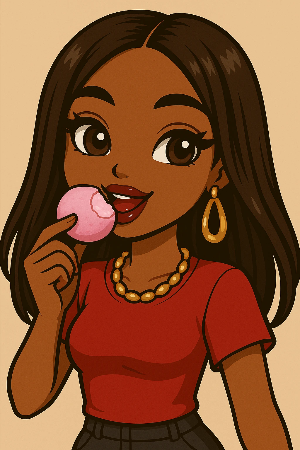 Change the pose to eating pink mochi ice cream, headshot only, 20-year-old anime Bratz style woman with dark skin, straight hair, brown eyes, red shirt, trendy outfit, glossy lips, no hat, no tears, happy expression, both eyes open, looking straight ahead. emoji