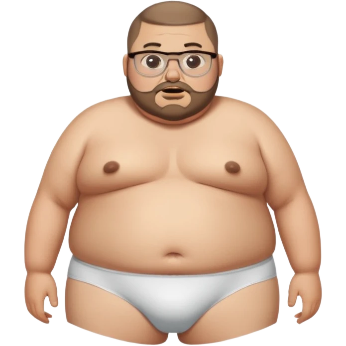 A full body standing, morbidly obese, fat, shirtless mexican guy in his white underwear , with a short buzzcut, a beard, and glasses thats drooling stupidly emoji
