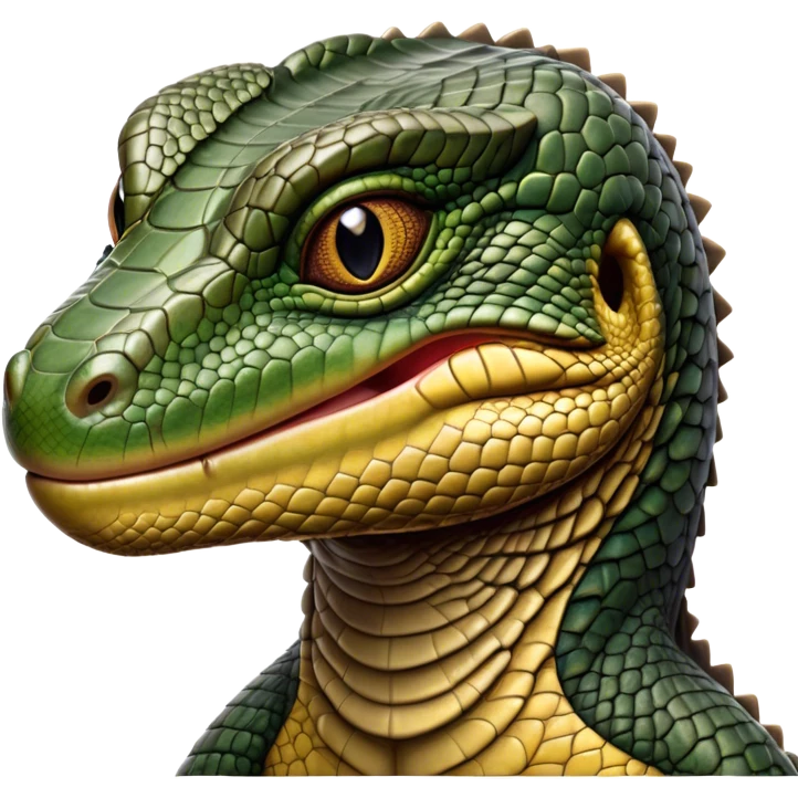 Cinematic Realistic Noble Monitor Lizard Portrait Emoji, Poised and imposing, with a robust, muscular build and a rugged, intricately scaled hide in natural olive and dark brown tones, a sharply defined head with intense, observant eyes, rendered with lifelike detail and authentic texture, high shine, intelligent and formidable, styled with an air of desert authority, focused and attentive, soft glowing outline, capturing the essence of a watchful and confident monitor lizard that appears ready to stride out of the screen with effortless power! emoji