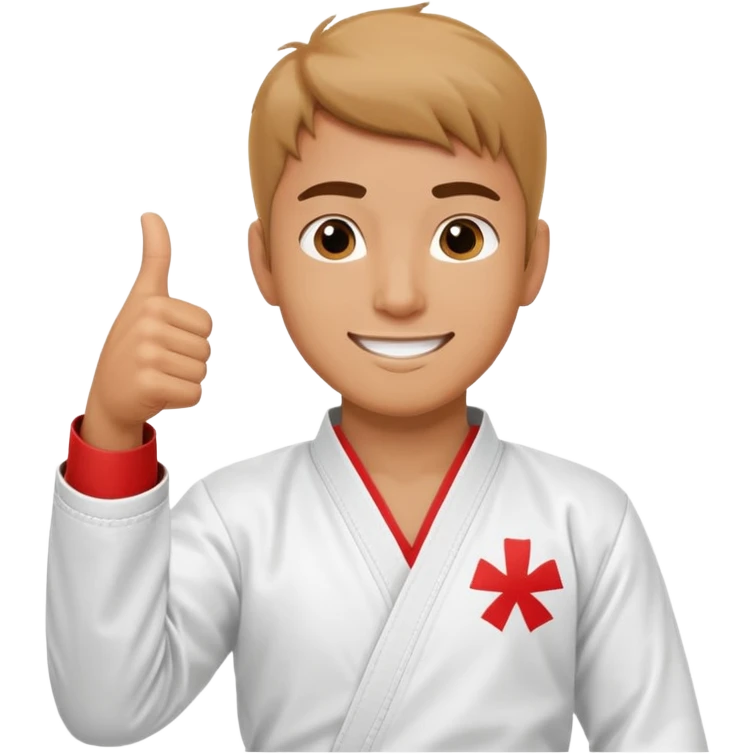 Crea un personaje masculino con el uniforme de taekwondo que tenga efecto dibujito y esté realizando este gesto con la mano👍🏼, debe estar sonriente emoji