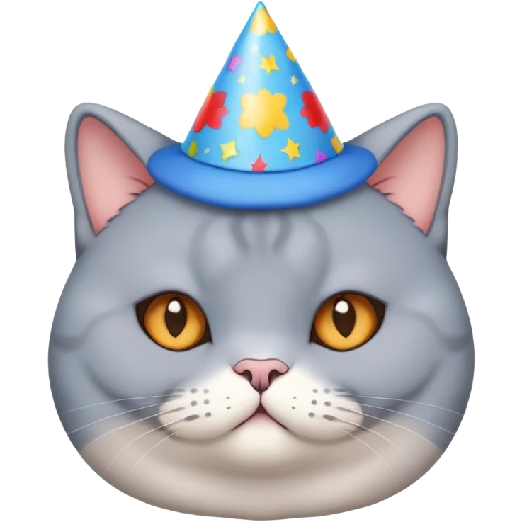 British shorthair blue cat with round face and chubby cheeks wearing a colorful birthday hat emoji
