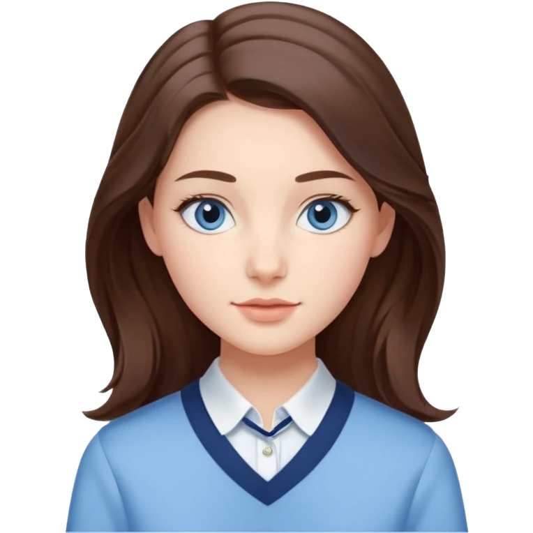 Realistic Student Portrait, with porcelain-like skin featuring a natural rosy flush, iHer Brunette Half-Up Style for Straight  hair flows in soft, Her deep blue eyes radiate warmth and innocence,  wear light blue preppy style. emoji