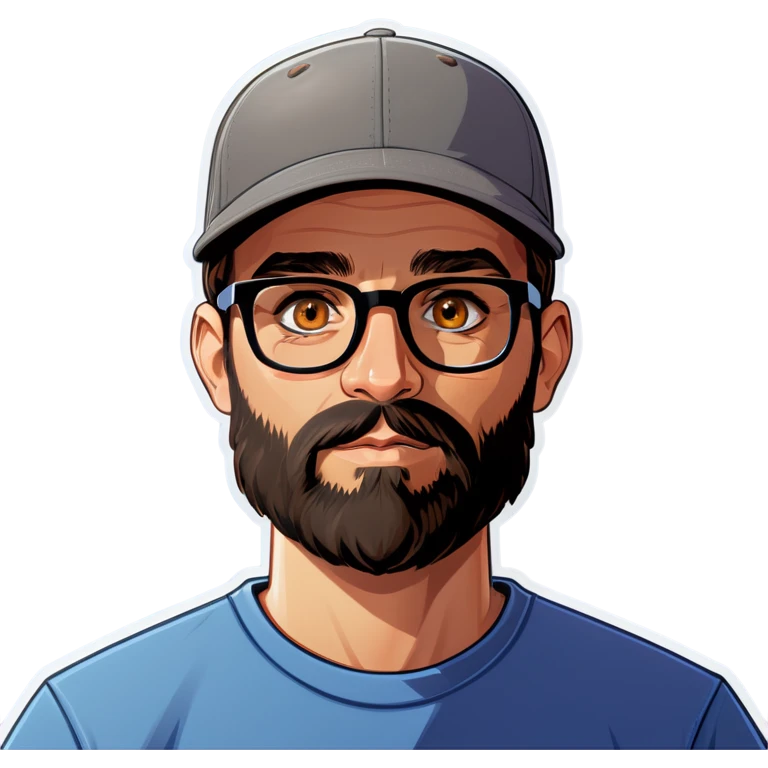 A man with a grey baseball cap, hazel eyes, big dark brown beard and glasses, hi emoji