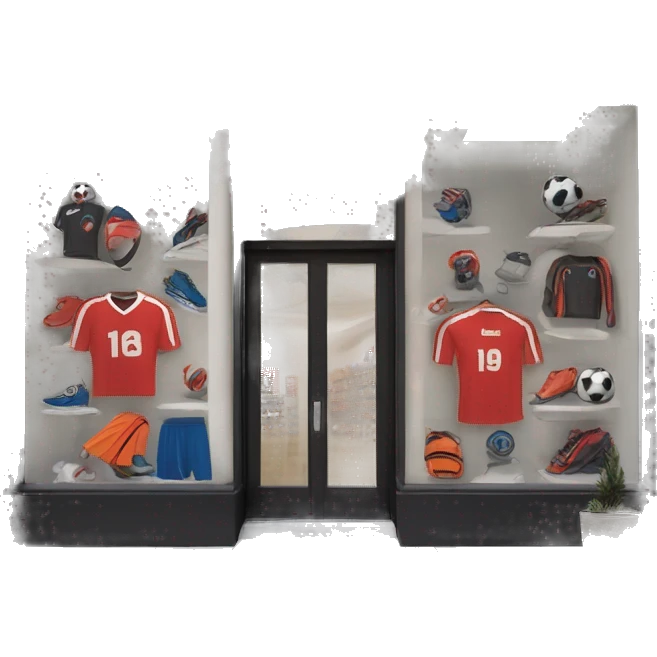 “Soccer store exterior with bold signage, large windows showcasing football gear, jerseys, and accessories, and a dynamic, athletic design reflecting the energy of the sport.” emoji