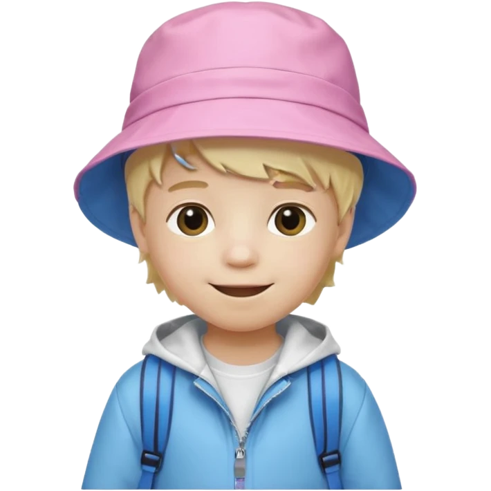 A little boy student white skin, blonde hair, with pink bucket hat, white jacket, blue backpack emoji