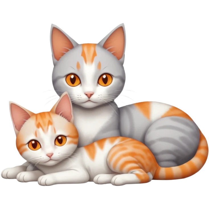 full body of a grey and white cat cuddling a very small + skinny ginger and white kitten with deep orange eyes and triangular shaped face lying down emoji