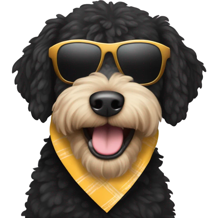 A black dog breed “golden doodle” wearing sunglasses with a big smile with human like teeth. Also with a bandanna around its neck that says mums favourite  emoji