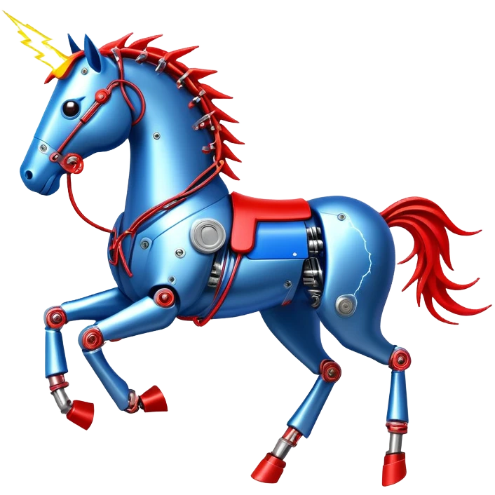 Fast running electric horse made of electricity, metal plates, bolts, blue and red wires, with lightning emanating from its body emoji