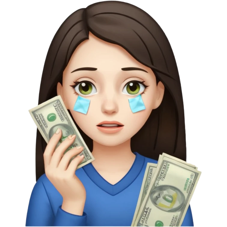 brunette girl drying her tears with money bills holding cash to her face emoji