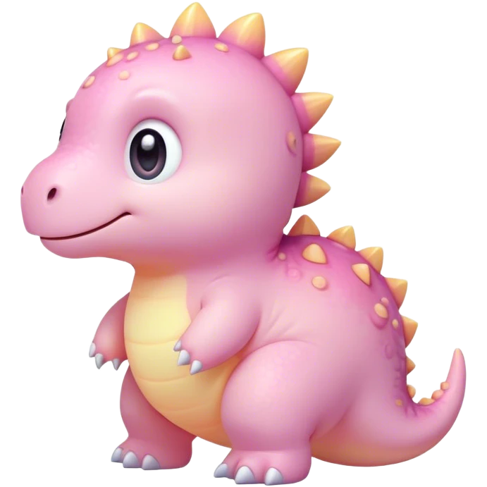 Cinematic tiny pastel dinosaur, chubby round body, tiny feet, big sparkling eyes, soft glowing colors, happy and friendly expression, radiating warmth. emoji