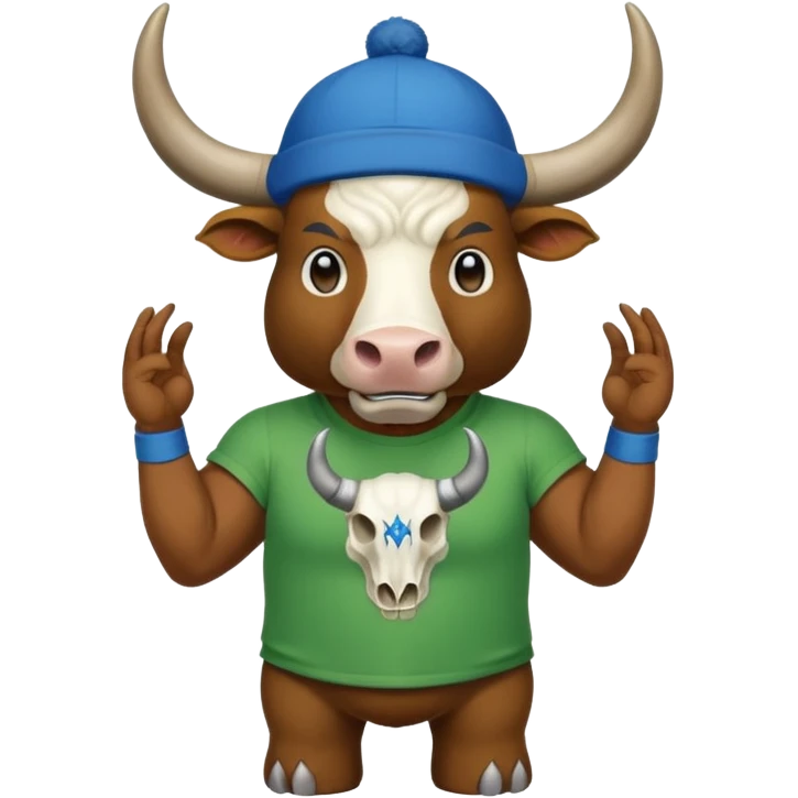 a bull wearing a green cap leveled WAGMI and wearing a blue t shirt and WAGMI designed with bulls skull and horn emoji