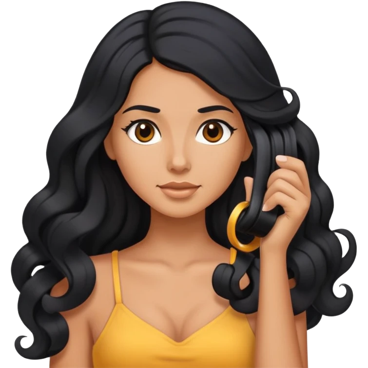 tanned woman with long black hair curling her hair, getting ready emoji