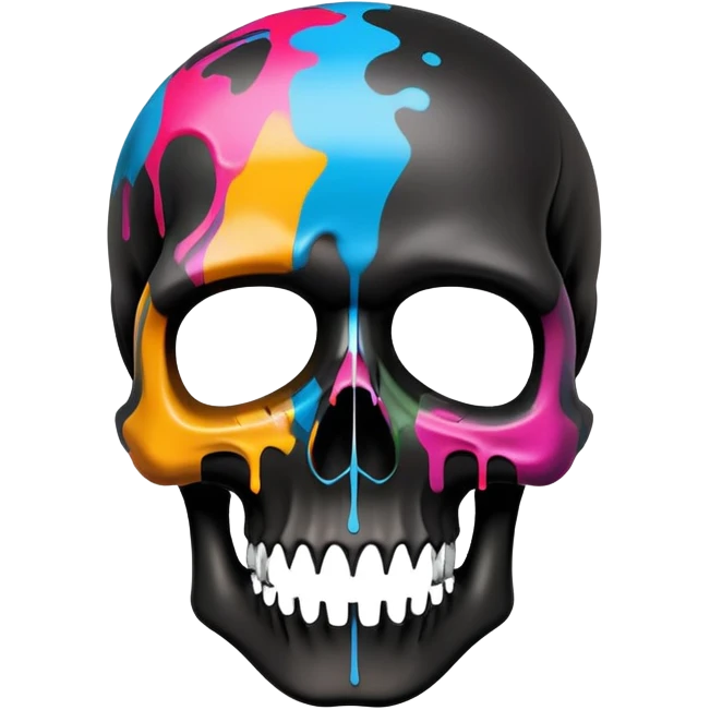 sleek black skull with colorful graffiti paint and brand logos contained within the skull shape, no drips extending beyond the skull outline, front view emoji