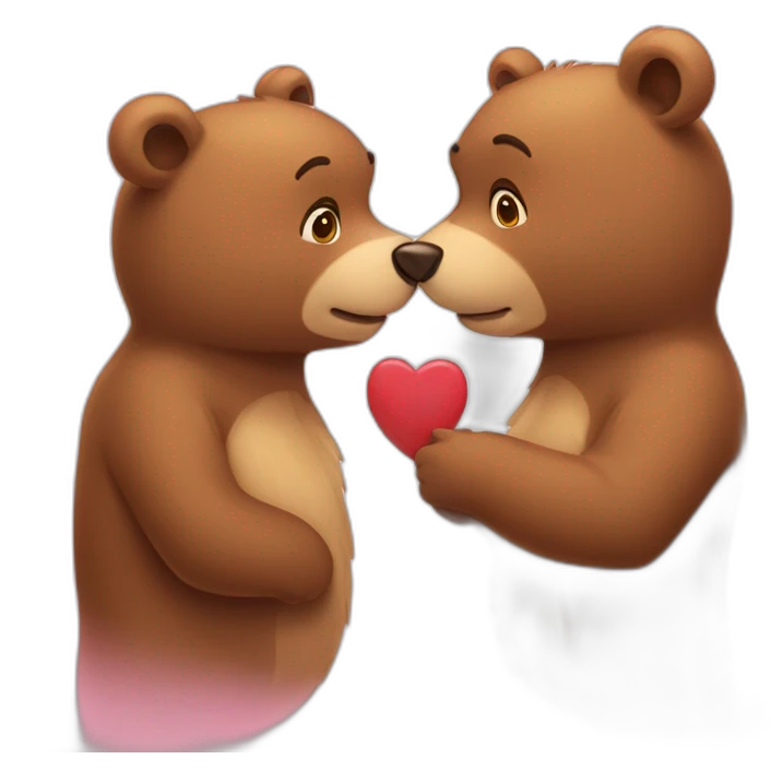Female bear and male bear kissing, face only, hearts above them emoji