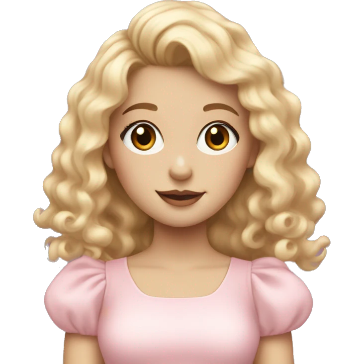pale girl with bangs and long blonde curly hair and a pastel pink puff sleeve dress emoji
