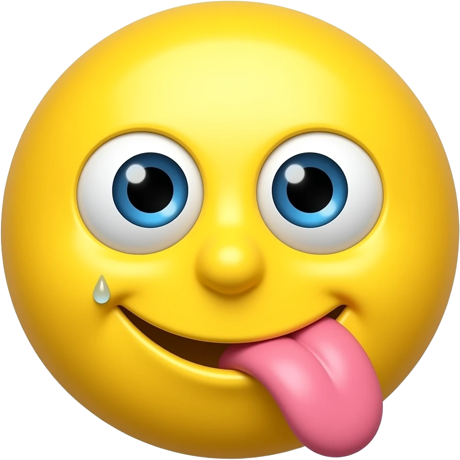 Yellow circular emoji with a silly derp expression. Eyes are mismatched and pointing in different directions (one large, one small). A long pink tongue is sticking out to the side. Hand-drawn anime style with thick outlines and tiny sweat drops to emphasize the goofiness emoji