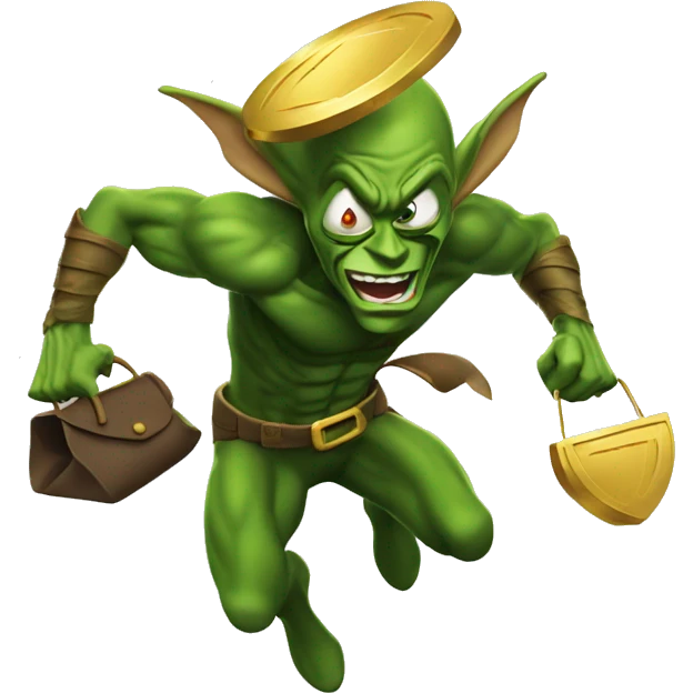 green goblin running and holding a bag of gold coins on his back emoji