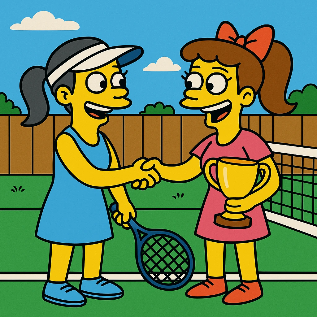  2 female tennis players standing on tennis courte. Congratulating each other shaking hands and smiling, one of them is holding a cup for winning.  emoji