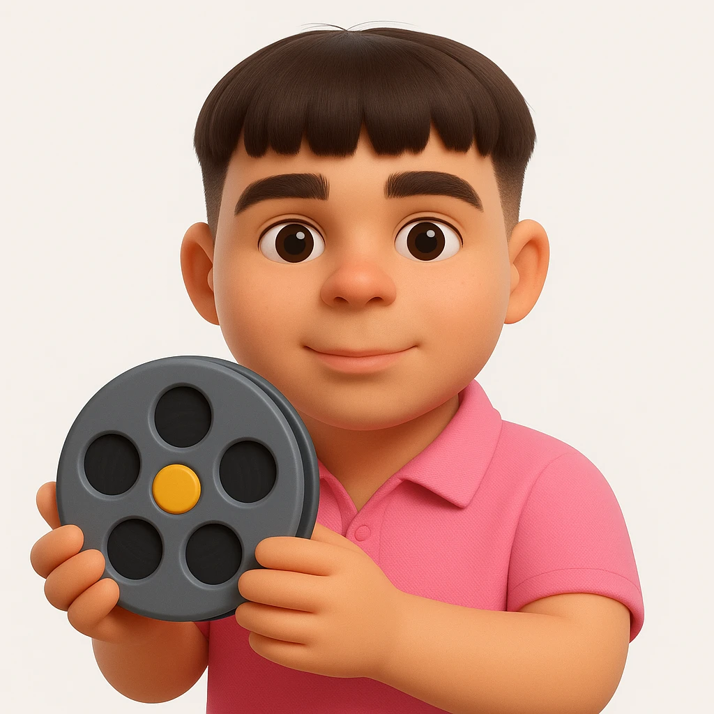 Create a 3D emoji style image of this person holding a cinema symbol such as a film reel or clapperboard. The style should resemble Microsoft style 3D fluent emojis with smooth, rounded shapes and vibrant colors. Focus on capturing the person's likeness and the cinema symbol in a clear and playful 3D emoji form. emoji