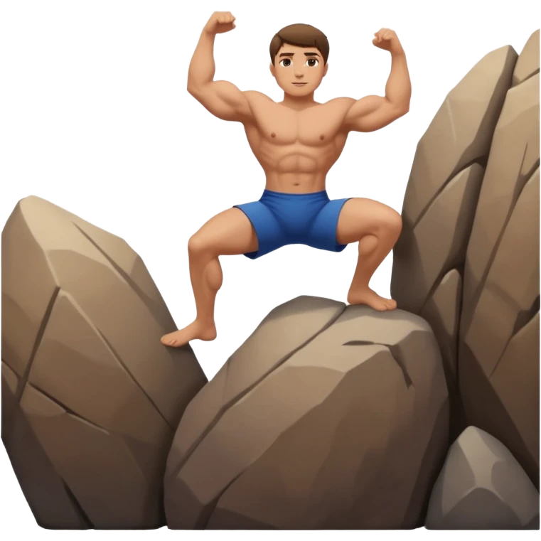 A white man with short brown hair rock climbing but bouldering style facing the rocks  emoji