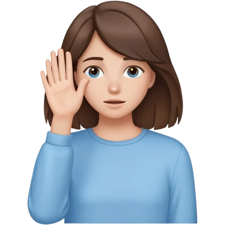 brunette girl with brown hair wearing pastel blue clothes covering her face with her hand emoji