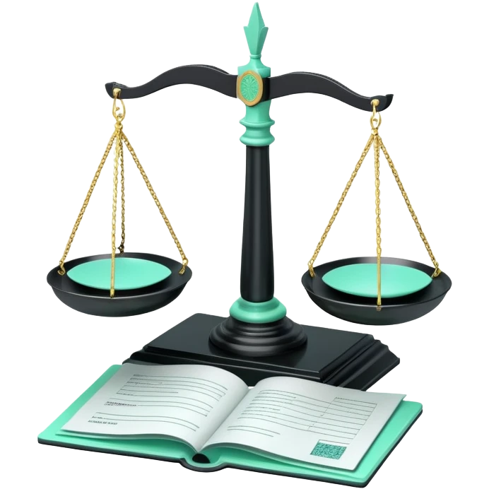 Responsabilité Administrative (Administrative Responsibility), 3D techy icon with black and mint green (#B5F4D3) color scheme, scales of justice with official documents emoji