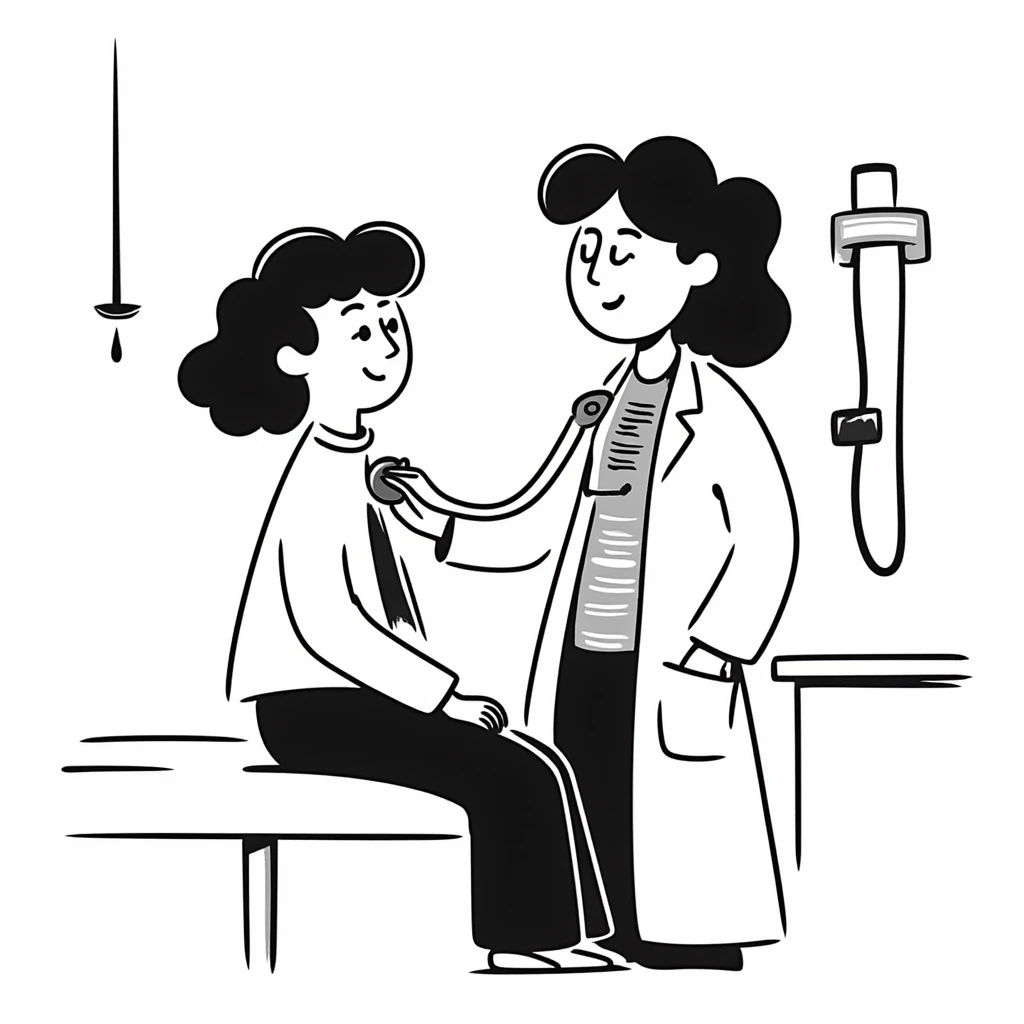 Detailed drawing of physician using stethoscope on patient's chest during cancer screening assessment emoji