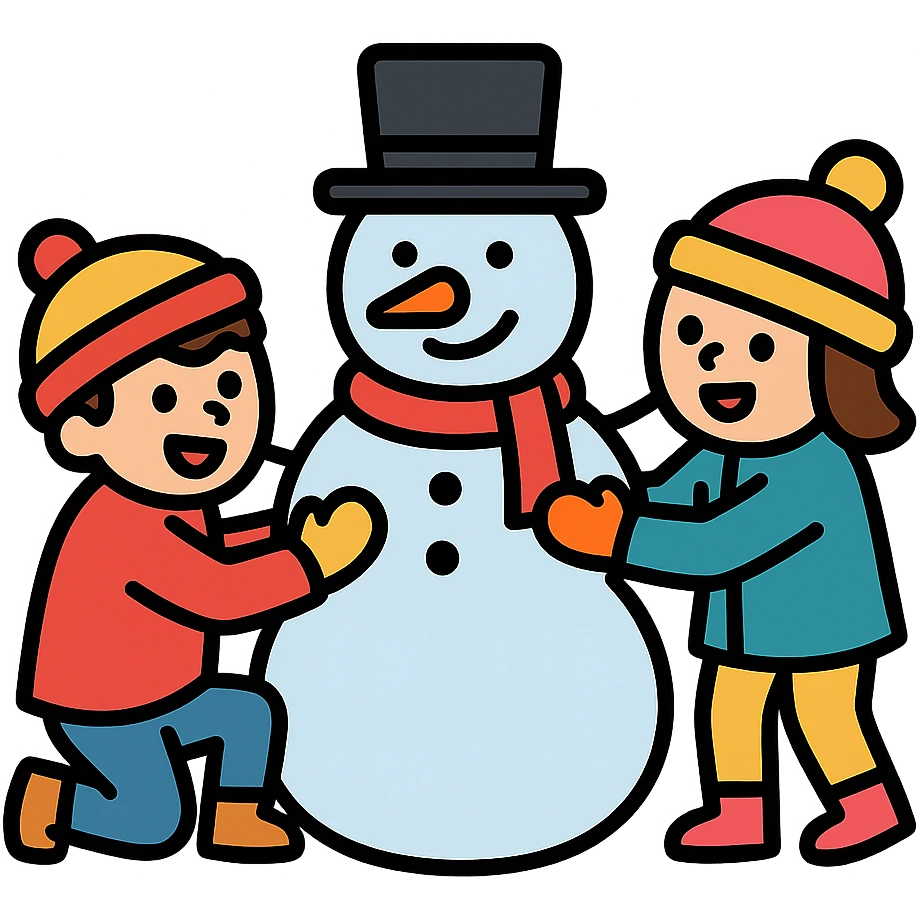kids building a snowman, cheerful and clear emoji