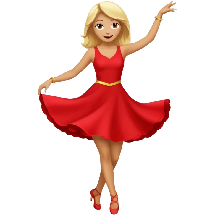 a yellow-blonde woman dancing wearing a red dress, in flat emoji / Apple style, smooth shapes, glossy highlights, bright saturated colors, simple features, minimal details, no outlines, red clothes flowing, joyful pose
 emoji