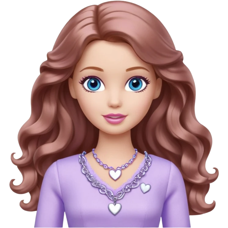 Barbie girl Chestnut long wavy hair and blue eyes is In pale purple clothes There are silver hearts all around emoji