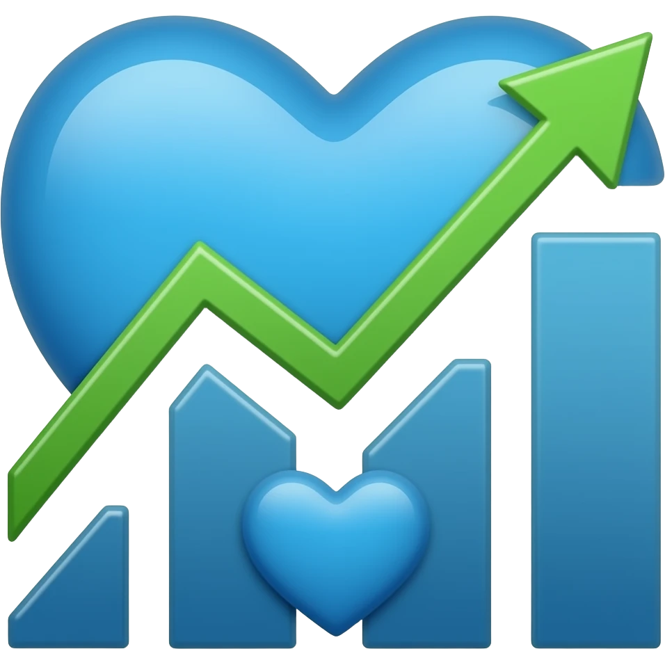On the left: a whole blue heart. On the right: a growing economic chart in the form of an arrow emoji