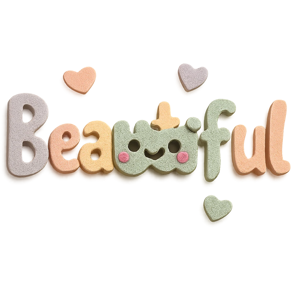 Add a cute kawaii face and tiny pastel hearts to the text, keep the 3D paper-craft effect, no outline, transparent background emoji