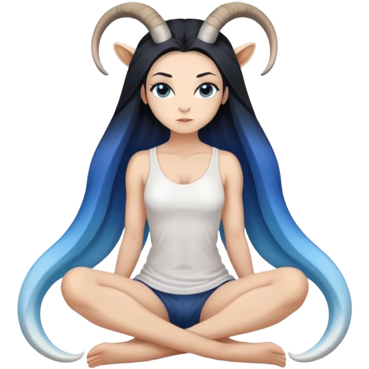 Art of a human white woman's very perfect body scheme anatomy-very long straight black to blue hair ombre-small goat horns-lean back-on knees emoji