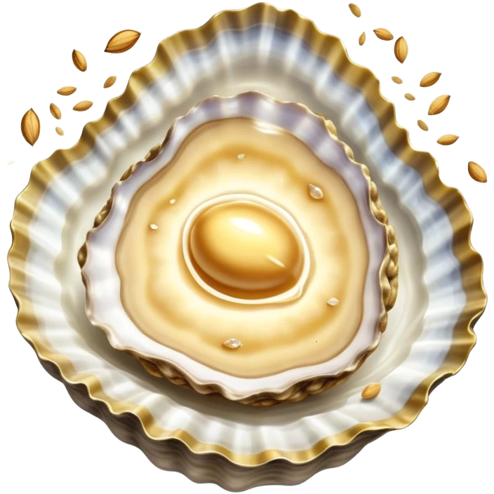 Ethereal oyster, golden walnuts, floating seeds, and a shining cut of lean meat spiraling around a small shield of light. Soft rays extend from the shield towards an illuminated body showing active cellular repair and regeneration. Foods emit a subtle glow as they orbit the protective shield. emoji
