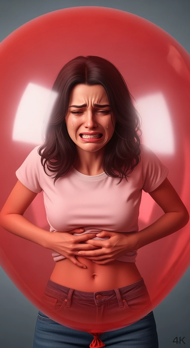 DONNA CON GONFIORE DI PANCIA E INTESTINO CHIUSO IN UN PALLONCINO ROSSO, ESPRESSIONE DI DOLORE IN VOLTO, IPERREALISTICA 4K emoji