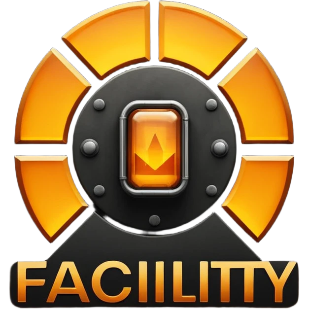 glowing amber industrial emblem above bold text reading “THE FACILITY”, dark background, clean typography, sci-fi bunker aesthetic, high contrast, emoji