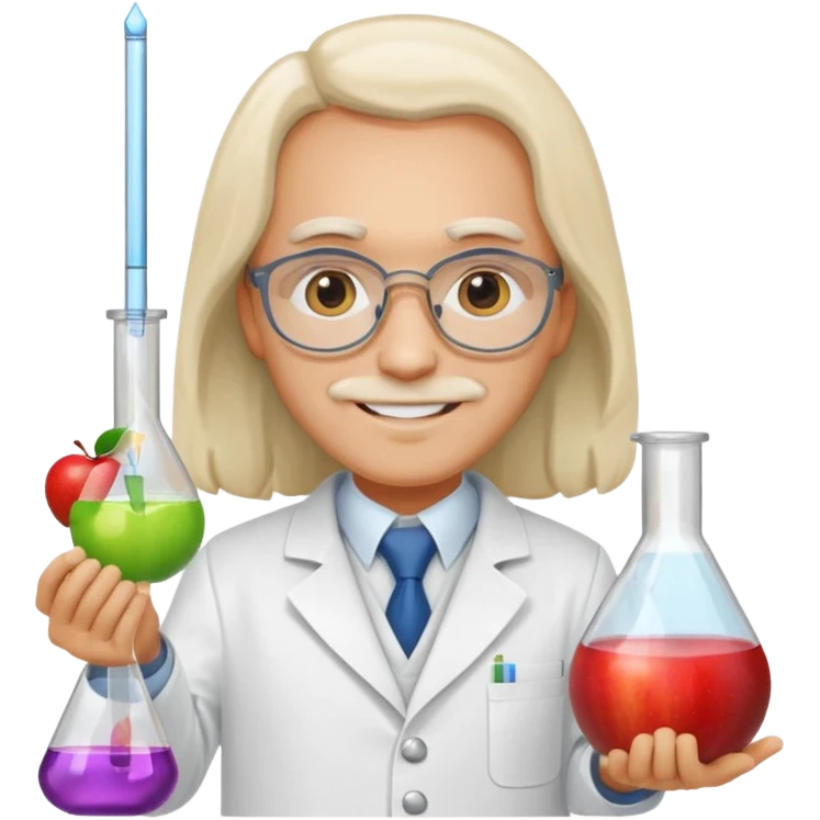 Mendeleev in a laboratory coat holding test tubes and flasks, smiling, apple emoji style emoji