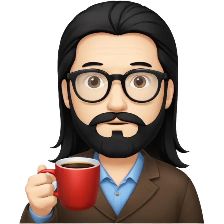 men with white bearded long black hair  with opticals  on holding coffee emoji
