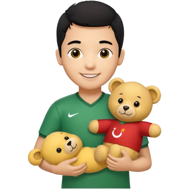 Une garçon qui a les cheveux noir qui sourit il a un maillot de l’algerie et qui a un doudou jaune sur son epaule un ours jaune qui a des habille noir emoji