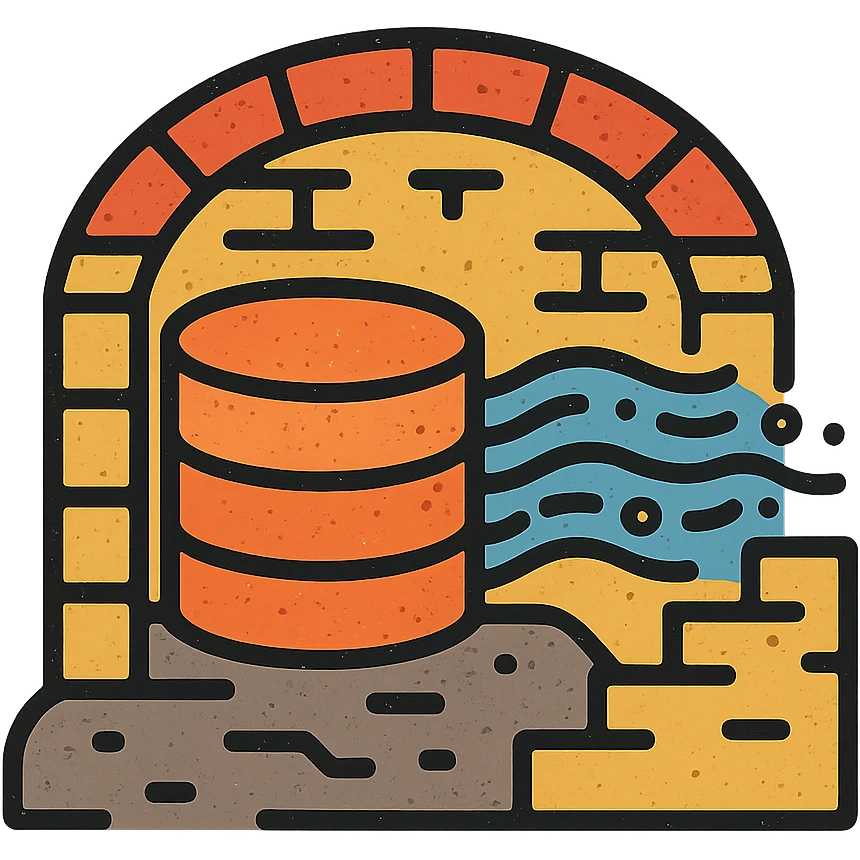 stacked database cylinders in a basement or underground setting with arched brickwork, stairs, or stone walls, flowing abstract data streams with lines, dots, or waves, worn and distressed effect, detailed icon emoji