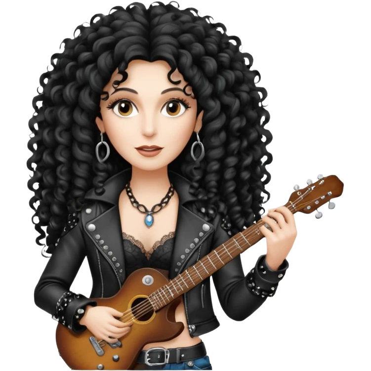 realistic cinematic singer Cher in a typical rocker's attractive outfit with leather and lace, half-naked, huge curly hair like in the video If I Could Turn Back Time emoji