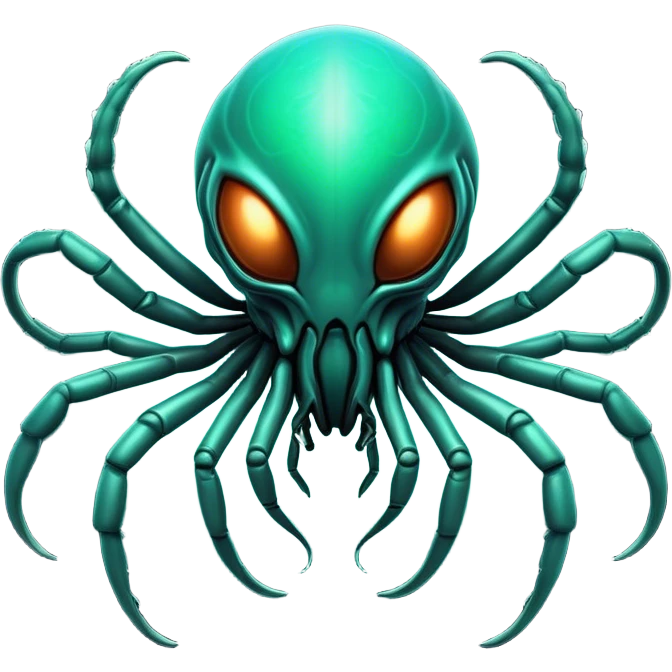 Clash of Clans aesthetic: Cinematic fierce arachnid Alien Emoji, rendered in a 3D vector-style similar to standard emojis with minimal shading and bold, simplified shapes. A compact, isometric, otherworldly creature with insectoid, organic details and subtle, eerie tentacles, softly glowing with a sinister alien charm. Simplified yet unmistakably iconic, highly detailed and consistent, glowing with a soft, spectral radiance and high shine. Stylized with a touch of bio-engineered mischief and a soft glowing outline, capturing the essence of a fearsome extraterrestrial menace with a playful twist! emoji