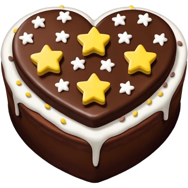 choclate cake heart with white icing on top in the shape of three u's, and yellow, teal, or green star sprinkles emoji
