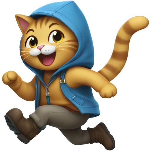 Cat wearing boots and laughing while running in the rain emoji