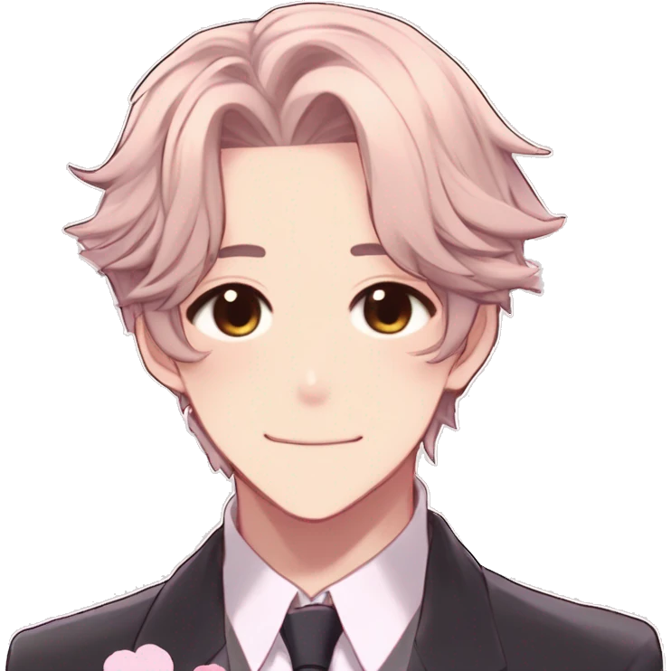 Gorgeous romantic hot attractive anime style formal modern gentlemanly anime shojo guy with pretty hair and flower petals and blushing face aesthetic trending style  pastelcore cottagecore kawaiicore emoji