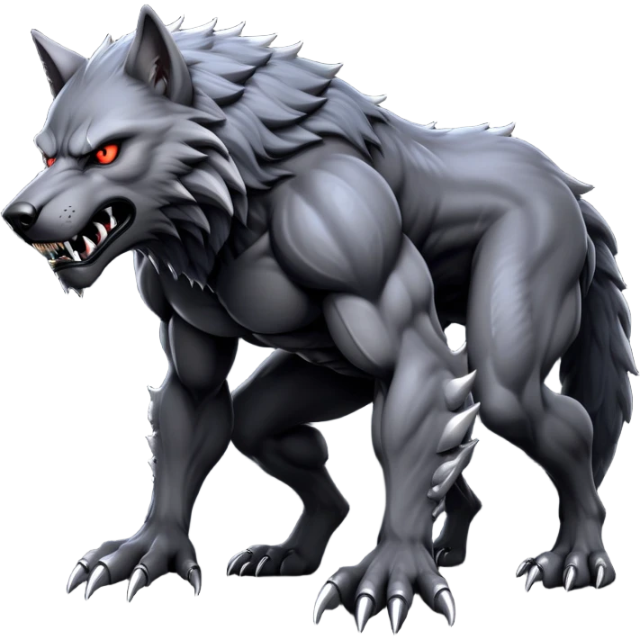 cinematic-noble-fierce-werewolf-full body on all fours-emoji, poised-and-imposing, with a tall, lean, and muscular wolfish frame inspired by the brutal, imposing shape of the beast from Berserk, fur rippling in shades of midnight black and silver, massive paws with razor-sharp claws, elongated limbs and fangs, eyes glowing with an intense, primal ferocity, reflecting the untamed power of the wild moonlit night; rendered with realism like a wolf hunched over emoji