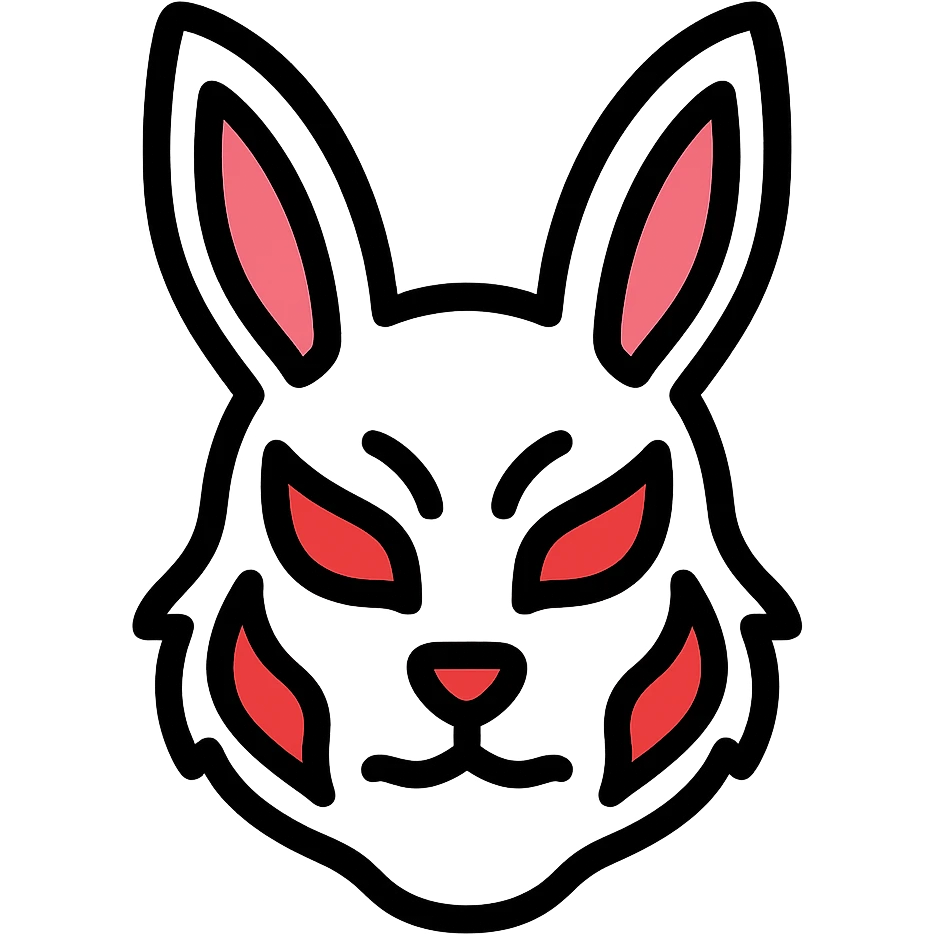 intricate white rabbit mask with red accents, evil expression emoji