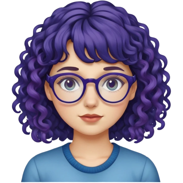 A white girl With glasses, curly hair , bangs and purplish blue highlights  emoji