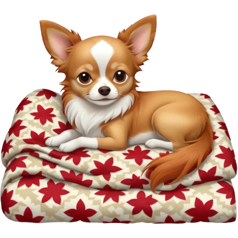 Long haired chihuahua, beige/redhaired with white chest and white socks, head without white, sleeping cutely under blanket emoji